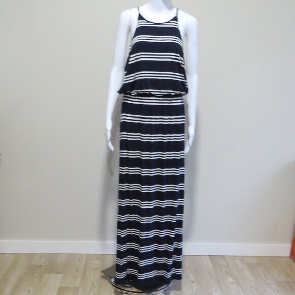 LOFT Striped Maxi Dress SIZE Medium Blue White Stretch Keyhole Button - Picture 2 of 9